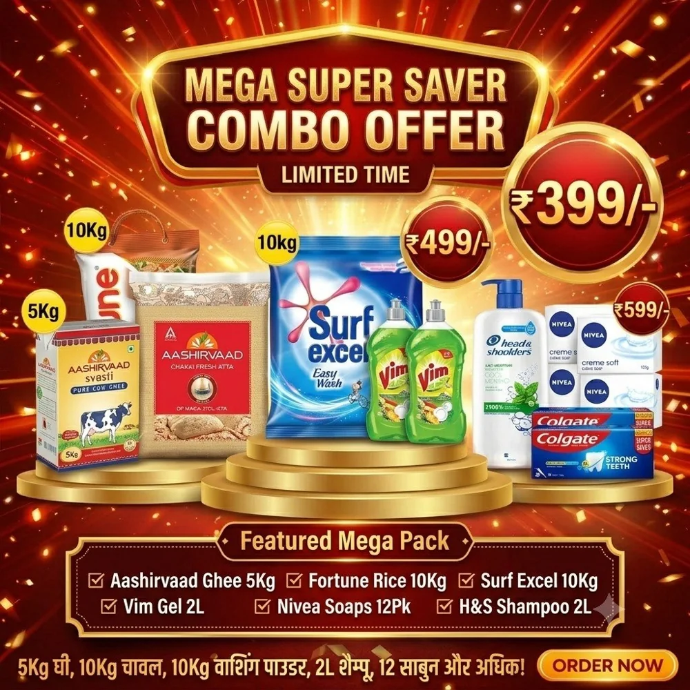 Mega Super Saver Family Essentials Kit- 5kg Aashirvaad Ghee, 10kg Fortune Rice, 10kg Surf Excel, 2L Vim Gel, 2L Head & Shoulders Shampoo, and 12-Pack Nivea Soaps.