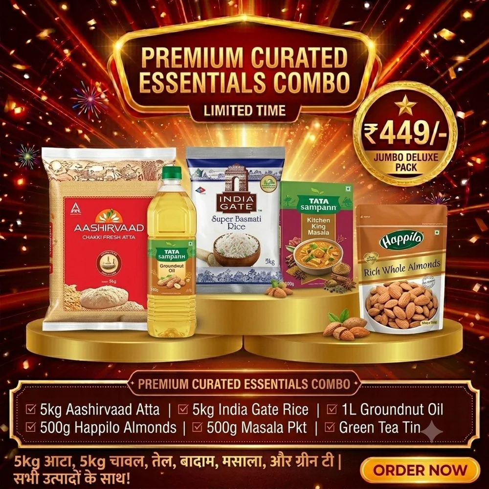 Premium Curated Essentials Combo- 5kg Aashirvaad Atta, 5kg India Gate Rice, 1L Tata Sampann Groundnut Oil, 500g Happilo Almonds, 500g Tata Sampann Kitchen King Masala, and Premium Green Tea