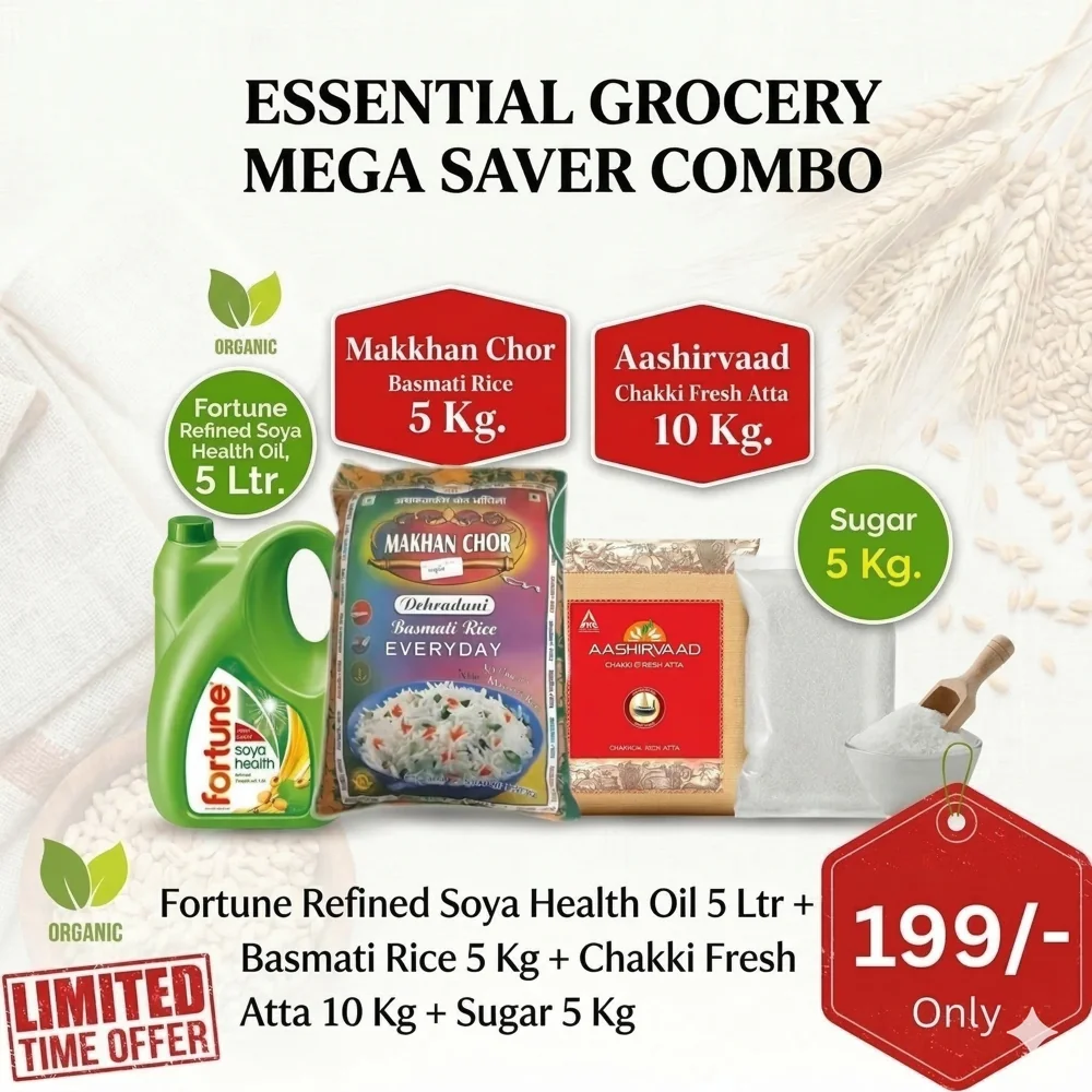 Essential Grocery Mega Saver Combo – Rice 5KG, Atta 10KG, Sugar 5KG & Soya Oil 5L