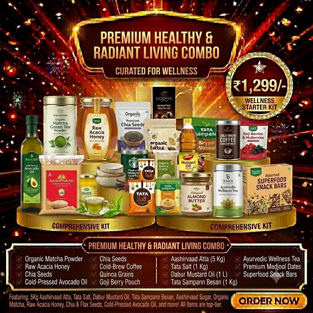 Premium Healthy & Radiant Living Combo- 5kg Aashirvaad Atta, 1kg Tata Salt, 1L Dabur Mustard Oil, 1kg Tata Sampann Besan, Organic Matcha Powder, Raw Acacia Honey, Chia Seeds, Cold-Pressed Avocado Oil, Cold-Brew Coffee, Quinoa Grains, Goji Berry Pouch, Ayurvedic Wellness Tea, Premium Medjool Dates, and Superfood Snack Bars