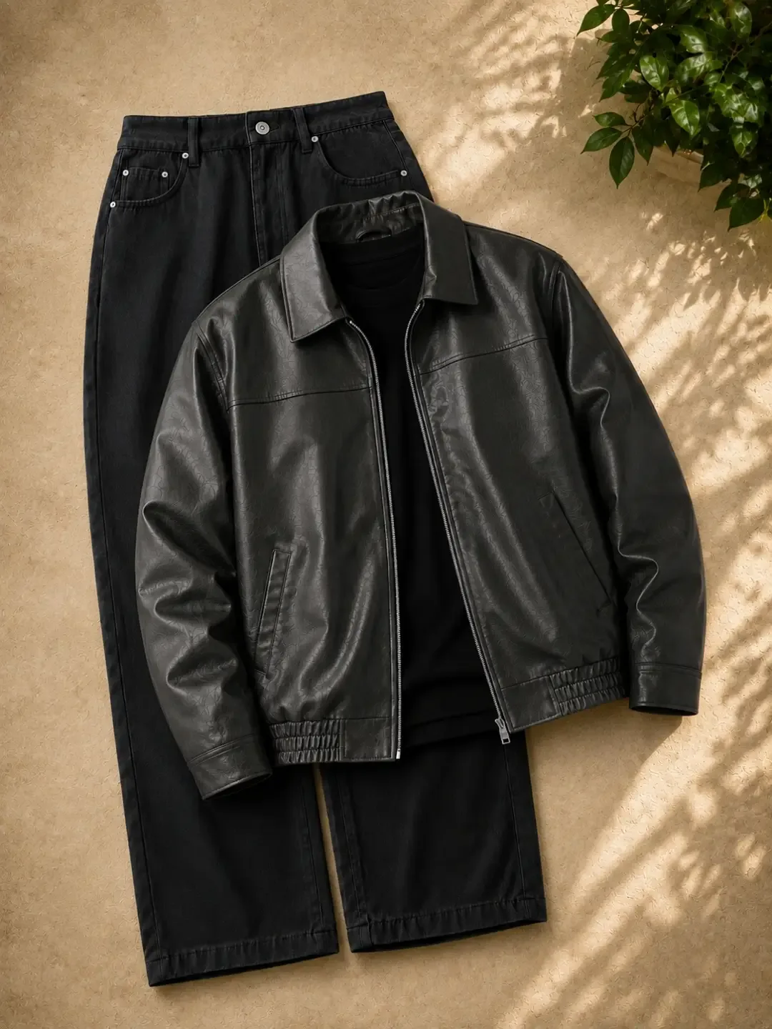 Black Leather Zip Jacket Combo