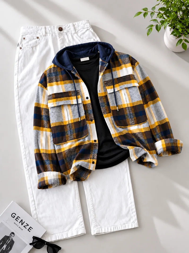 Mustard Hooded Plaid Shacket