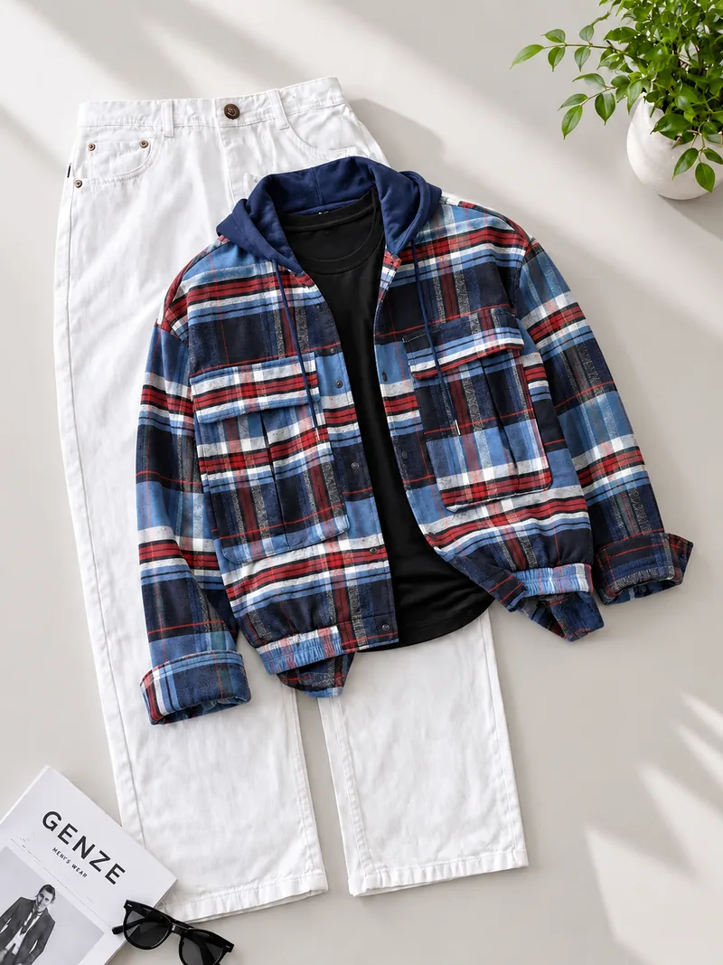 Navy Red Hooded Plaid Shacket