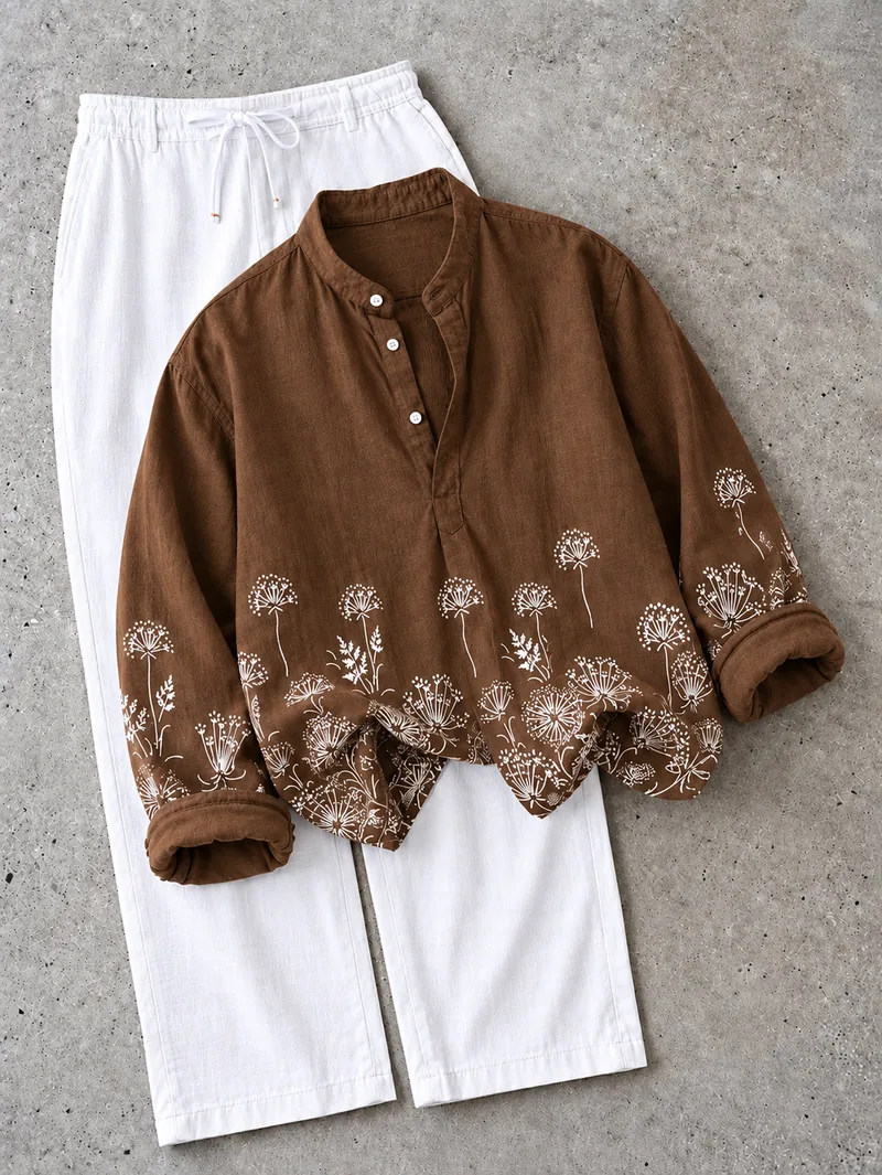 Brown Dandelion Mandarin Shirt