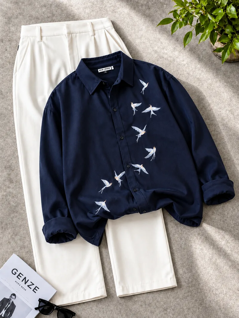 Navy Swallow Embroidery Shirt