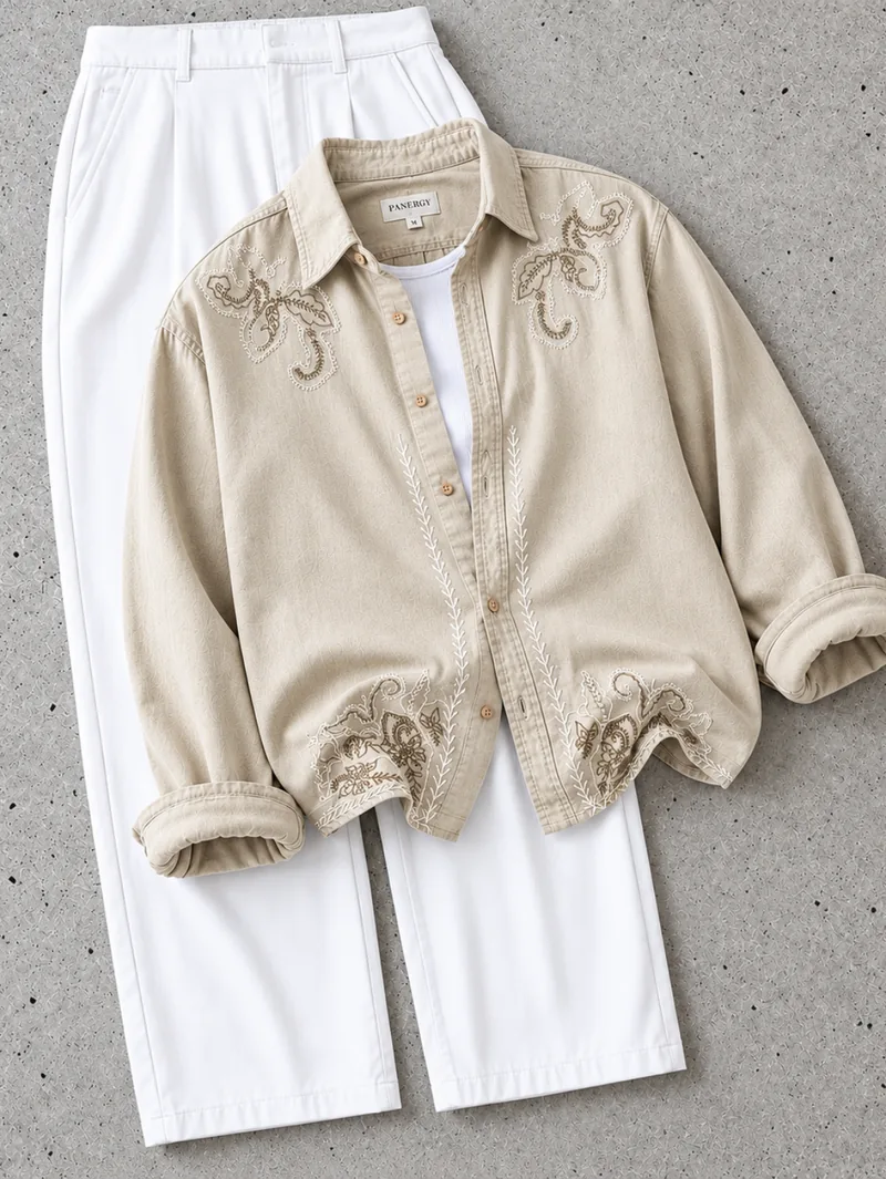 Beige Paisley Embroidery Shirt