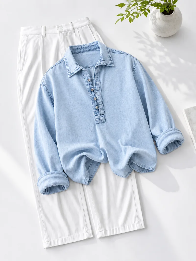 Light Wash Denim Henley Shirt