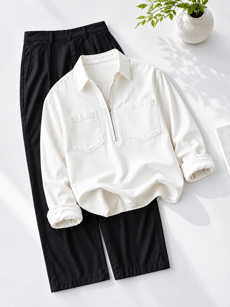 Cream Half Zip Utility Shirt