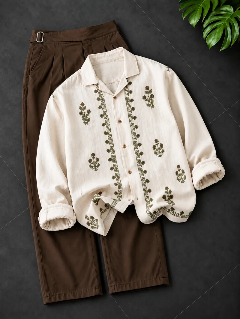 Olive Motif Linen Shirt