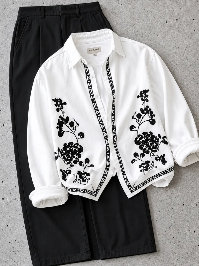 White Black Floral Embroidery Shirt